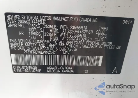 2014 Toyota Rav4 Limited из США, поврежденный, VIN 2T3YFREV6EW102562